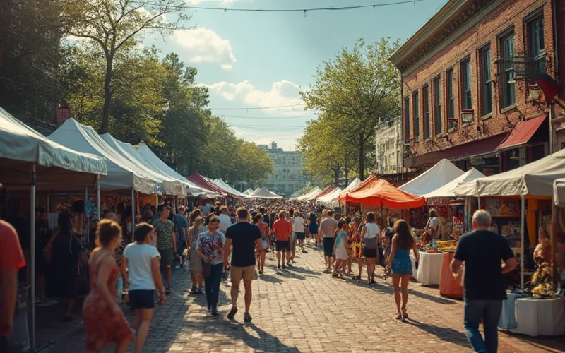 a modern art festival outdoors with lots of vendors and people. The venue is a street in vicksburg, mississippi. Close up.